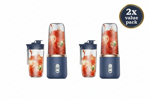 Two portable blenders with fruit juice inside, labeled as a '2x value pack' on a white background.